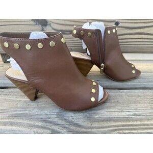 Vince Camuto Edia Tan Leather Studded Peep Toe Ankle Booties, 8W